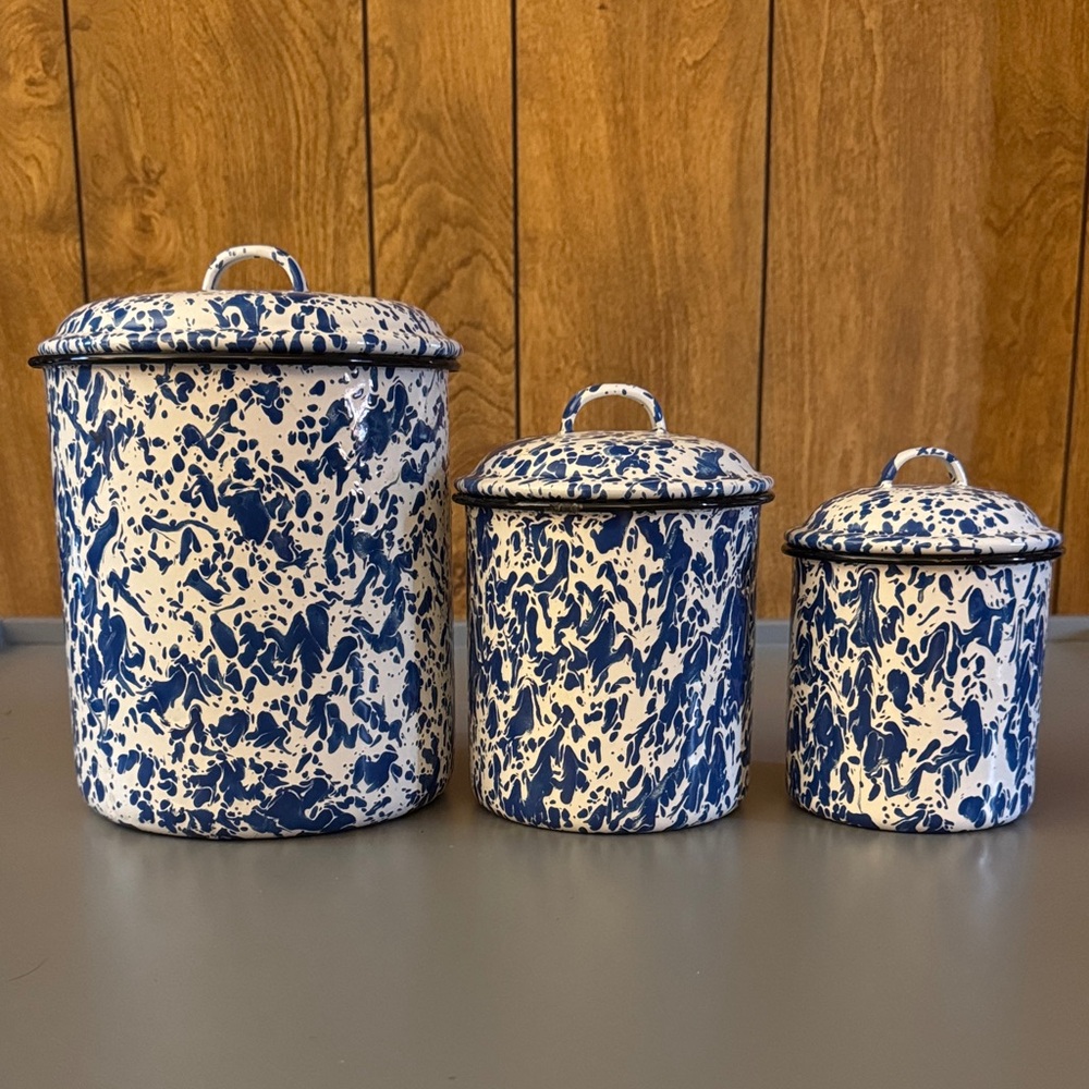 3 pc. Blue and White Speckled Canister Set